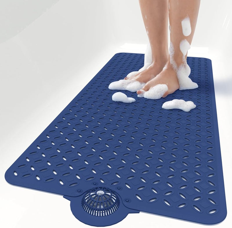 OTHWAY Bath Mat for Tub Non Slip: 39" X 17" Long Bathtub Mat with Hair Catcher│Big Drain Holes Shower Mats for Inside Shower│Machine Washable (Navy Blue) - Image 1